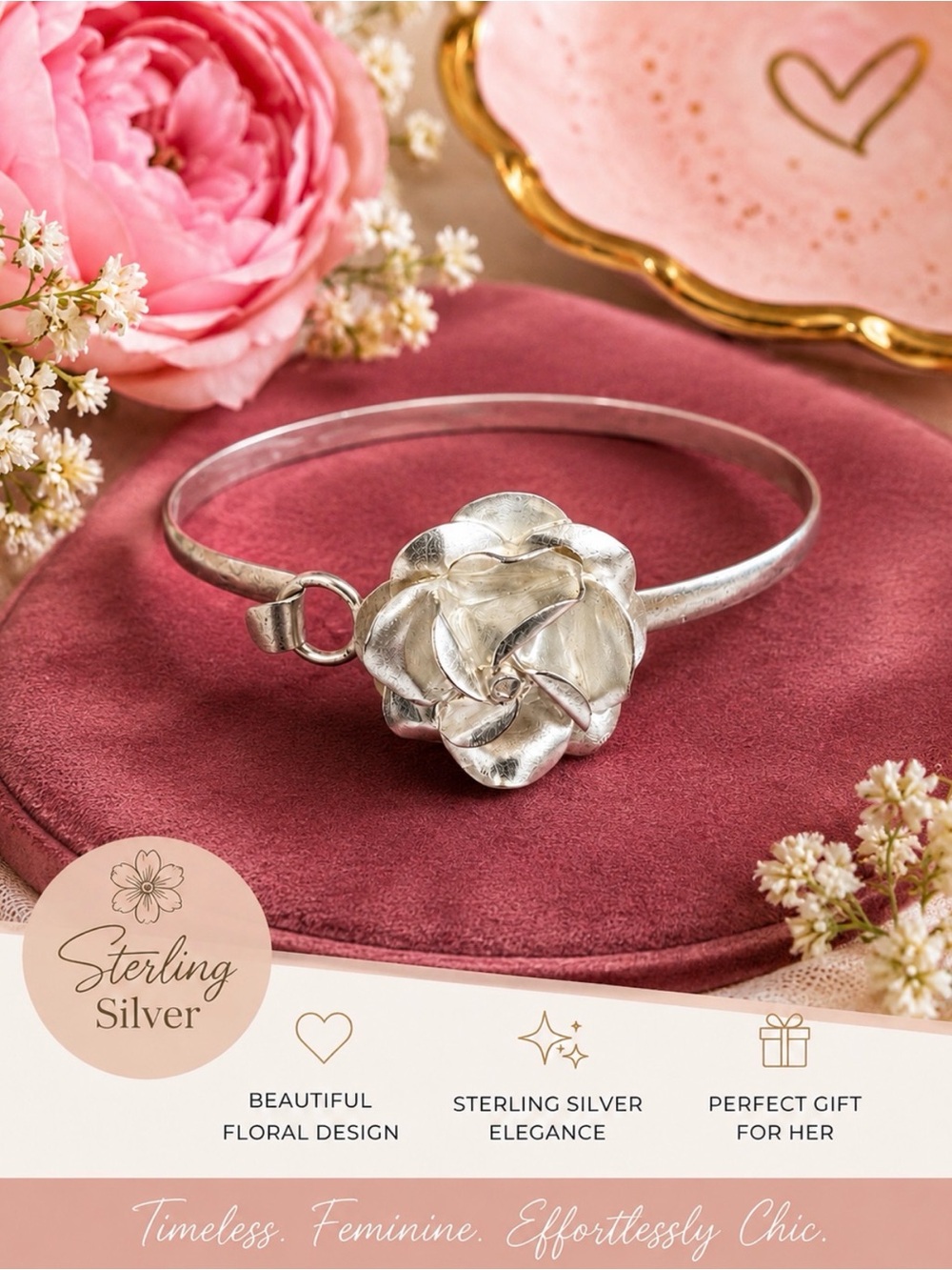 Bracelet Rose 925 Sterling Silver Flower Bangle w/clasp